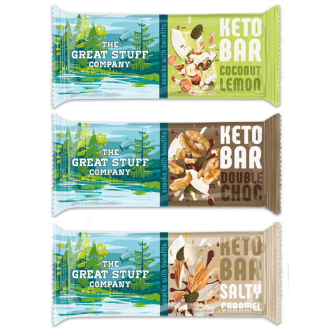 Baked Keto Bars - Mixed Pack of Walnut & Cocoa, Hazel & Coconut Lemon and Almond Salted Caramel