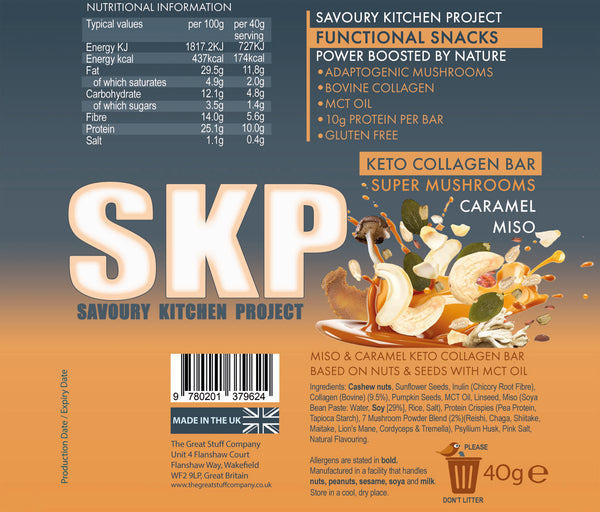 SKP - Savoury Kitchen Project - Collagen Bar - Super Mushroom & Caramel Miso, 12 bars