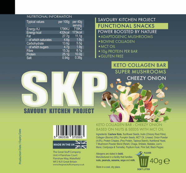 SKP - Savoury Kitchen Project - Collagen Bar - Super Mushroom & Cheezy Onion, 12 bars