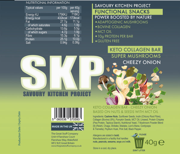 SKP - Savoury Kitchen Project - Collagen Bar - Super Mushroom & Cheezy Onion, 12 bars