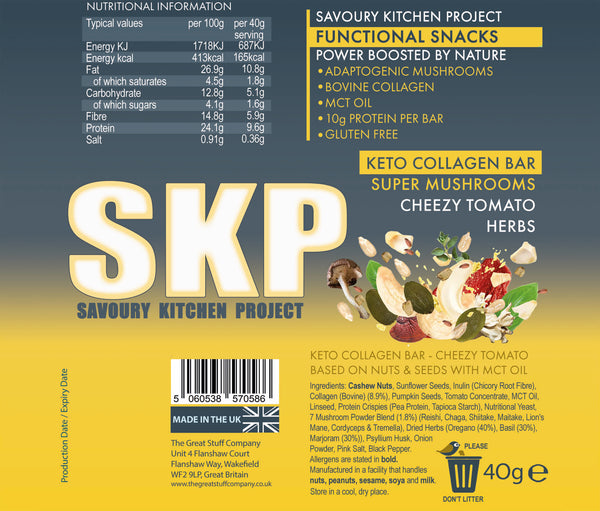 SKP - Savoury Kitchen Project - Collagen Bar - Super Mushroom & Cheesy Tomato Herbs, 12 bars (Copy) (Copy)